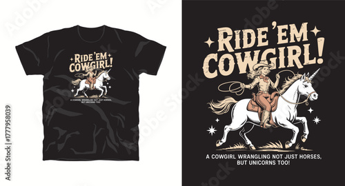 Ride em cowgirl vector t shirt design rodeo horse equine equestrian farm ranch country western woman riding unicorn fantasy stallion animal happy cheerful wild west