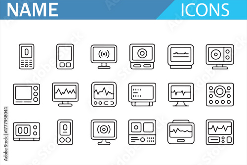 Vector line icons of computer screens, tech devices, and displays