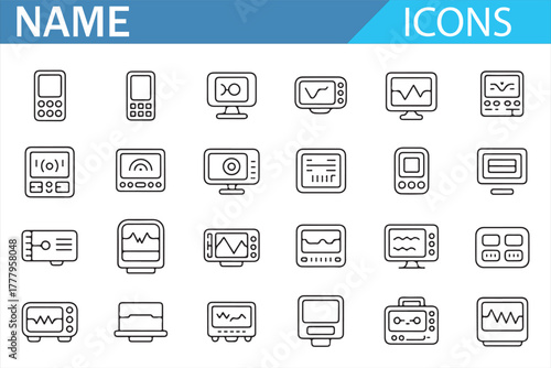 Modern gadget and monitor icons collection in line art style