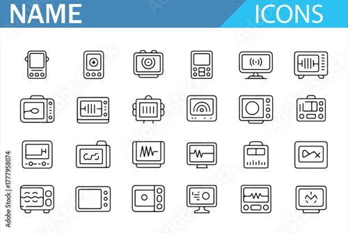 Modern line icons collection of electronic devices, monitors, screens, and display interfaces in minimalist outline style for technology, digital equipment, and user interface design projects