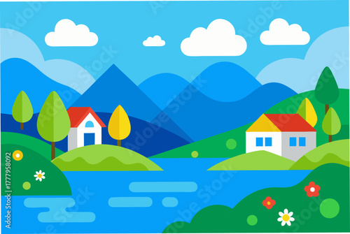 Landscape with houses lake