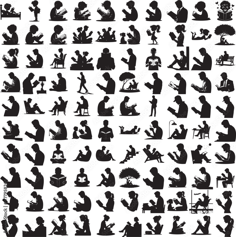 Naklejka premium Silhouette of a person reading a book isolated on white background