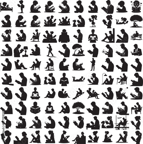 Silhouette of a person reading a book isolated on white background