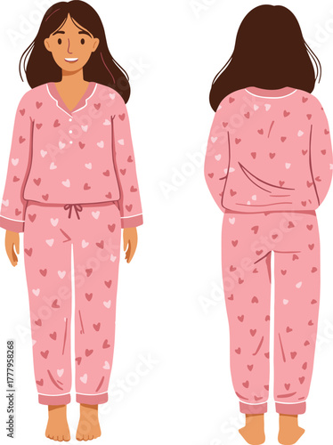 Woman wearing pink heart print pajamas front and back view, cozy sleepwear illustration, cute nightwear outfit vector design