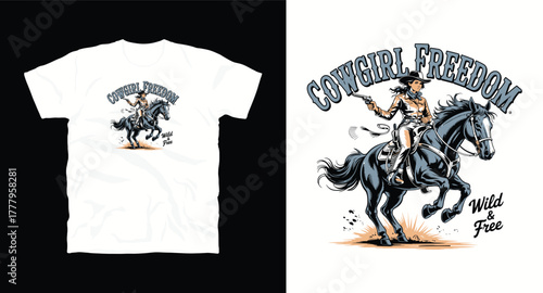 Cowgirl freedom vector t shirt design wild west american woman rider horse equine graphic equestrian adventure outdoor stallion nature western vintage