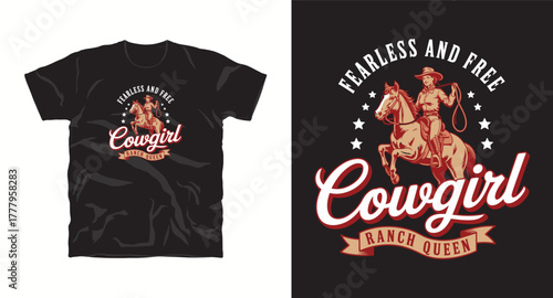 Fearless and free cowgirl ranch queen vector graphic design featuring equestrian woman with lasso riding horse artwork on black background for t shirt apparel 200 characters