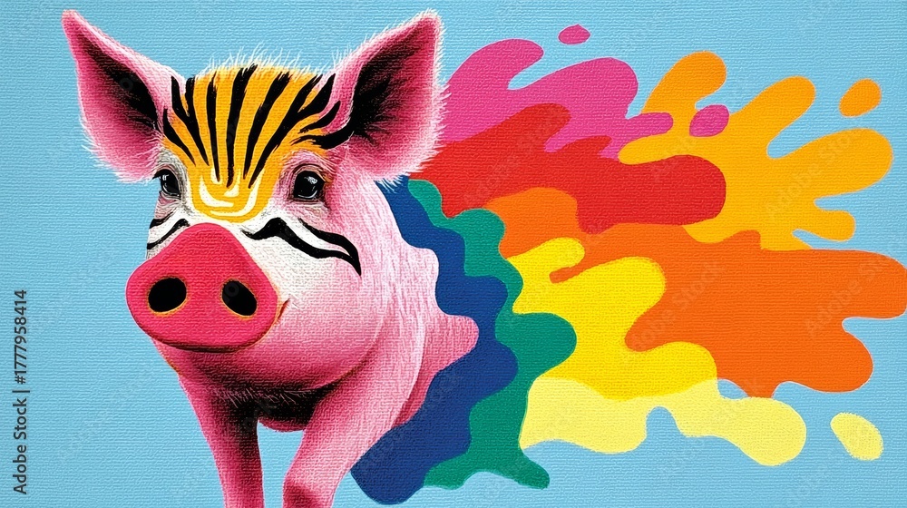Fototapeta premium Pig with rainbow stripes on its face is spraying paint. The pig is wearing a striped shirt and has a colorful face