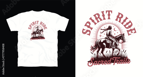 Spirit ride sacred trails vector design featuring equestrian woman riding horse in outdoor environment on white background for apparel t shirt in vintage 200 characters