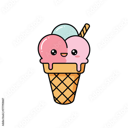 Cute Cartoon Ice Cream Cone with Faces dessert sweet food illustration vector scoop summer treat kawaii character design