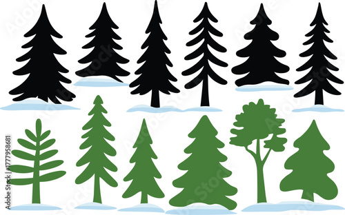 Evergreen tree icons, winter forest silhouette, green pine illustration, snow patch landscape, stylized nature elements, flat vector illustration, seasonal design