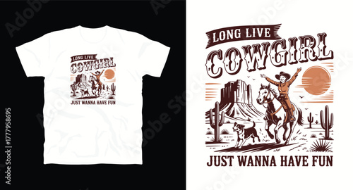 Long live cowgirl t shirt design woman riding horse with dog just wanna have fun wild west adventure illustration for print apparel poster sticker and use 200c