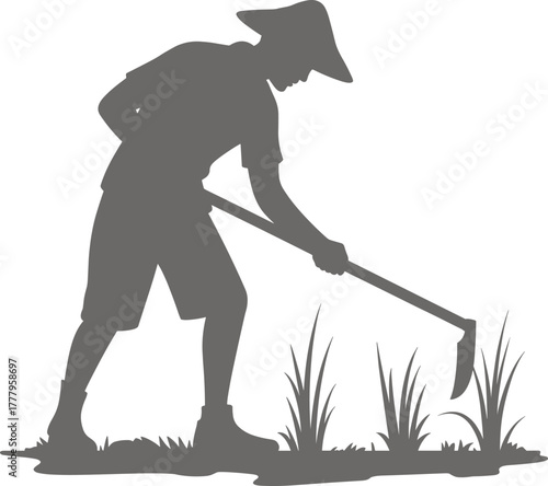 Farmer silhouette, agricultural labor, rural scene, hoeing crops, traditional farming, wide-brim hat, field work posture, flat vector illustration