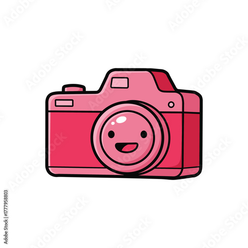 Cute Pink Camera Cartoon Illustration smile lens photography photographer digital happy design graphic icon vector drawing