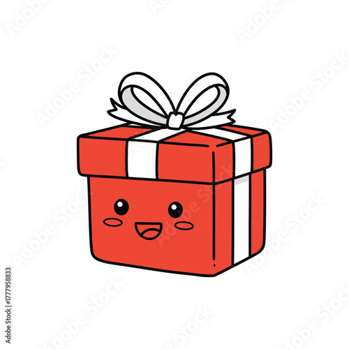 Cute and cheerful red gift box illustration featuring a happy smiling face, adorned with a white ribbon, perfect for celebrations, holidays, and joyous occasions