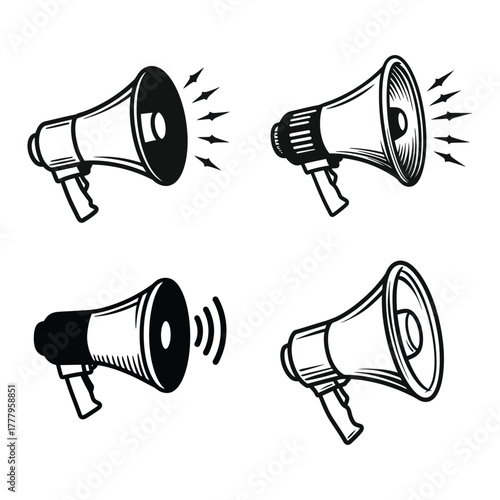 Megaphone Icons Set in Black and White bullhorn loudspeaker communication announcement voice sound volume alert attention