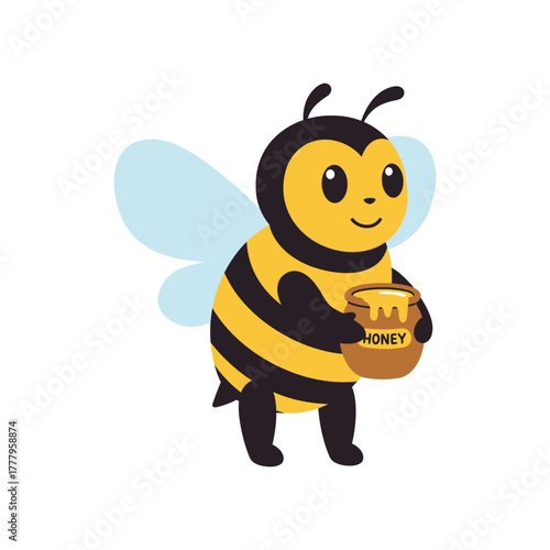 Adorable cartoon bumblebee character with black and yellow stripes, holding a small brown pot overflowing with delicious golden honey, isolated on white background, representing sweetness and nature