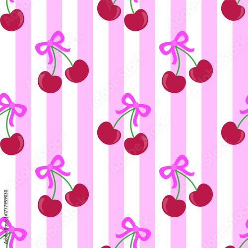 Summer romantic seamless pattern with cherries and bows on striped pink background. Pattern for textile and fabric, wrapping paper, notebooks, notepads, phone case