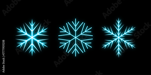 Neon Blue Glowing Snowflakes Set on Dark Background