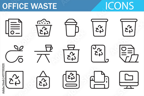 Collection of recycling, trash, and waste outline symbols for design use