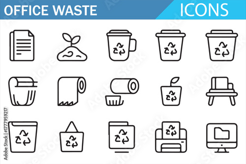 Sustainability and green office waste management icons vector set