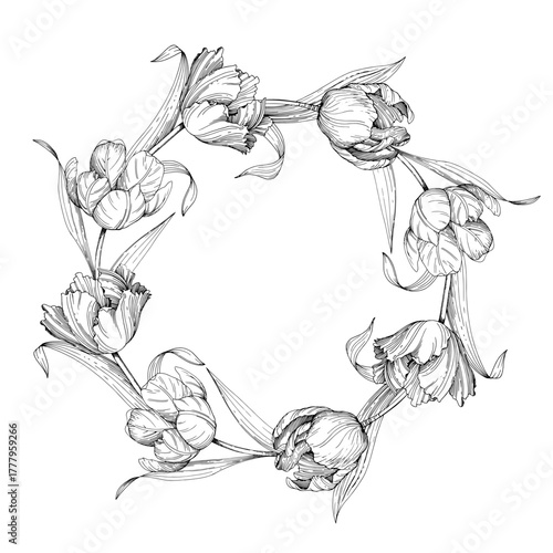 Wreath of tulips. Handmade ink vector illustration of tulip. For design of cards, cover, prints, product labels and fabric.