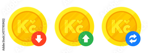 Set of Czech Koruna sign (Kč) gold coins, arrows for increase, decrease, transaction. Finance, currency, fluctuation, CZK exchange concept. Flat vector illustration isolated on a white background