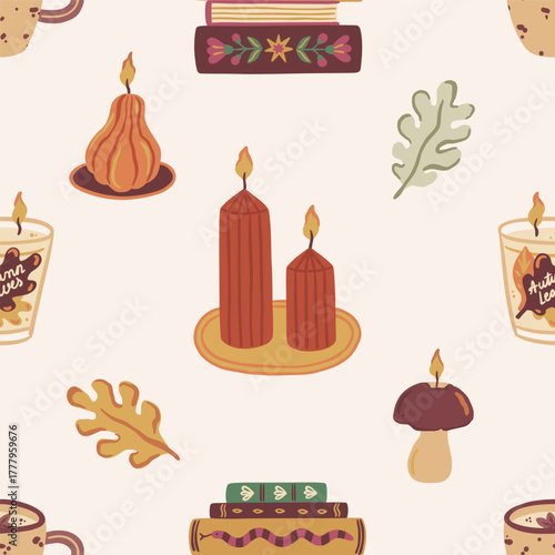 Cozy seamless vector pattern with burning autumn candles, decorated books, and fall leaves. Hand drawn fall decor in warm colors. Hygge style background for textile, wrapping paper, notebook cover