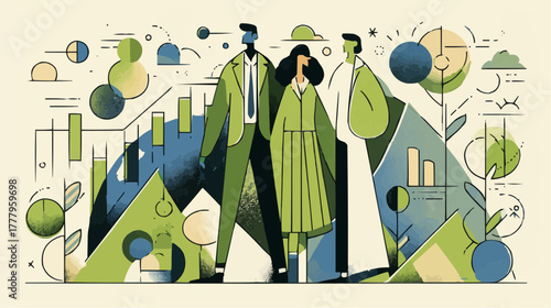 Flat vector of business people, charts, trees and planet connected by green lines, symbol of teamwork, eco innovation and sustainable corporate growth