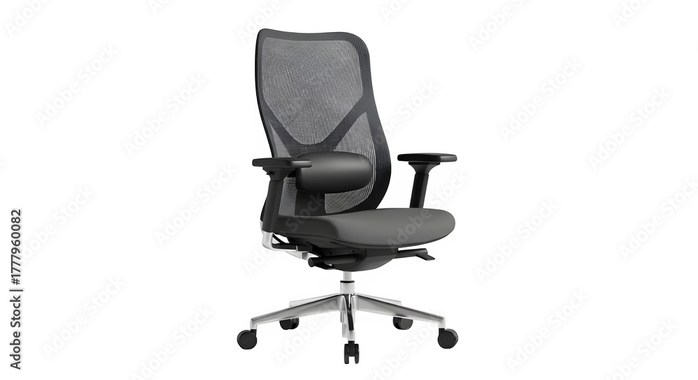 Obraz premium Ergonomic office chair isolated on transparent background, modern design with mesh back and adjustable features