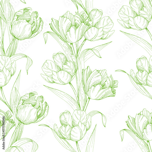  Seamless pattern of green contouring tulips. Handmade ink vector illustration of tulip. For design of cards, cover, prints, product labels and fabric.