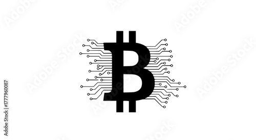 Vector illustration of Bitcoin symbol ₿ with digital circuit lines, minimal design in black and white