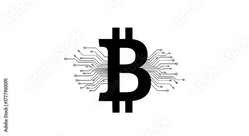 Vector illustration of Bitcoin symbol ₿ with digital circuit lines, minimal design in black and white