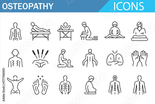 Flat outline medical treatment icons for wellness, rehab, and acupuncture.