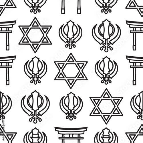 Religious Symbol Seamless Pattern Featuring Diverse Faith and Cultural Iconography