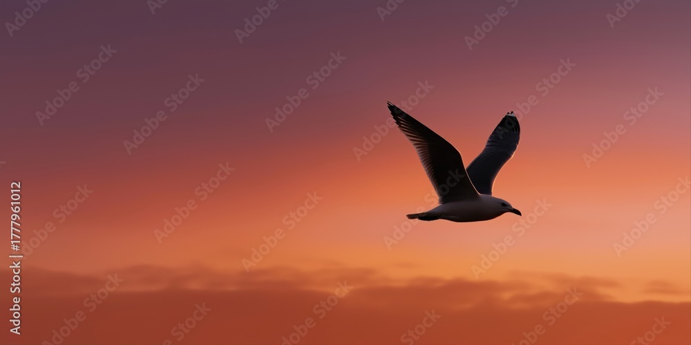 Fototapeta premium Solitary seagull against a vibrant sunset sky