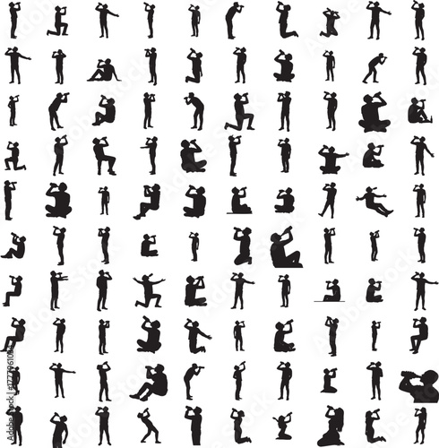 Silhouette of a person drinking from bottle isolated on white background