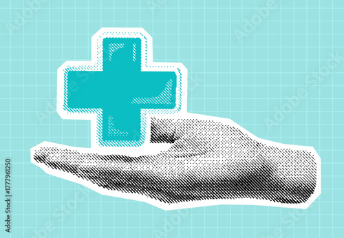 hand offering a medical cross, healthcare illustration in retro halftone style