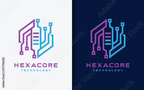 Modern tech logo combining a circuit-inspired core with a hexagon shape, symbolizing innovation, connection, and digital strength. Ideal for technology or IT companies.