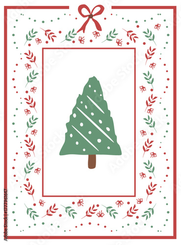 Christmas frame with tree. festive theme. repeated leaves. circular shape. for decoration, photo frame, card, poster. Christmas border.