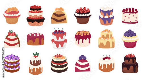 Cartoon dessert collection with cakes, cake slices, cupcakes, and sweets. Flat illustration for design