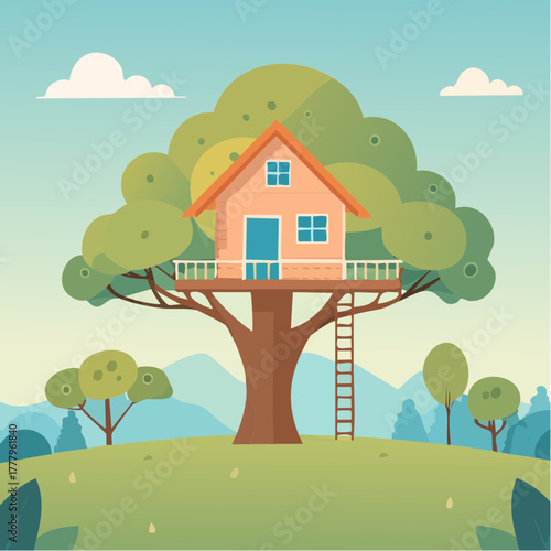 Jolie cabane dans les arbres, maison perchée, ciel bleu, journée ensoleillée, illustration colorée