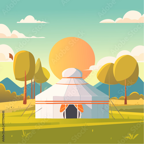 Une magnifique yourte en pleine nature, habitat alternatif, écotourisme, soleil, arbres 