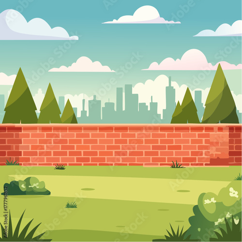 Un mur en briques rouges, en extérieur, nature, une  ville moderne au loin en arrière plan, arbres, ciel bleu, coloré