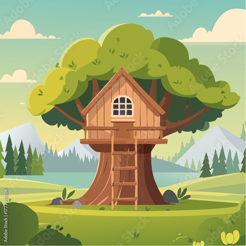 Jolie cabane en bois dans les arbres, maison perchée, ciel bleu, journée ensoleillée, illustration colorée