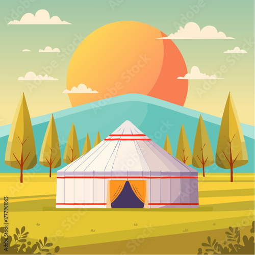 Une magnifique yourte en pleine nature, habitat alternatif, écotourisme, soleil, arbres 