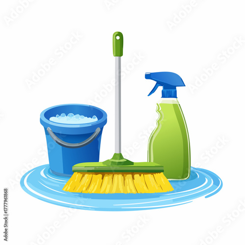 Kit de nettoyage, balai, produit d'entretien, seau d'eau, isolés sur un fond blanc