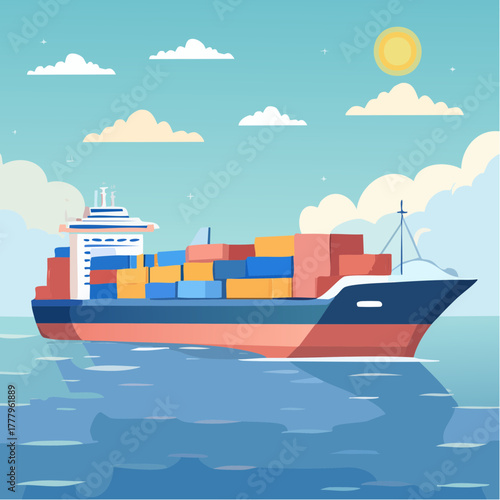 Bateau porte-conteneur qui navigue sur l'océan, transport de marchandises, transport maritime, ciel bleu, soleil 