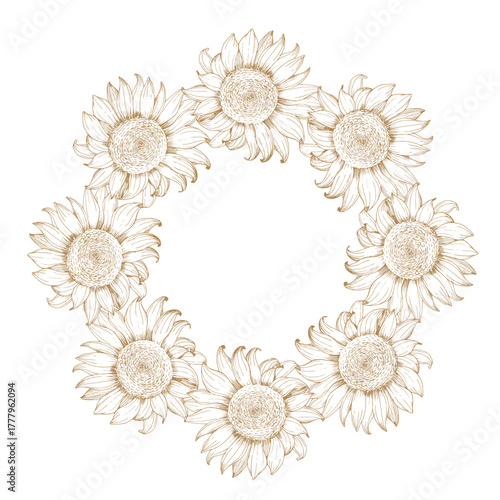 Wreath of sunflowers. Vector ink styled handmade illustration. For packaging design, cards, cover, prints, product labels and fabric.