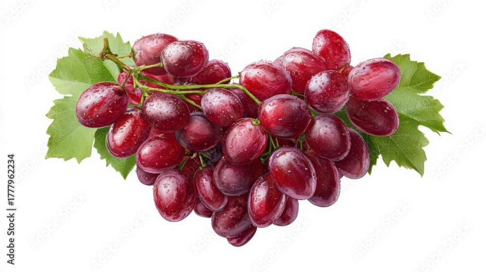 Fototapeta premium Ruby Grape Cluster: A luscious cluster of ripe, ruby-red grapes with vibrant green leaves, perfectly arranged. This image captures the essence of fresh, natural sweetness.