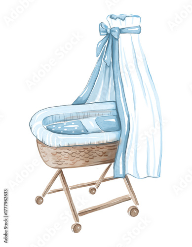 Baby cradle with a blue canopy. Watercolor illustration 